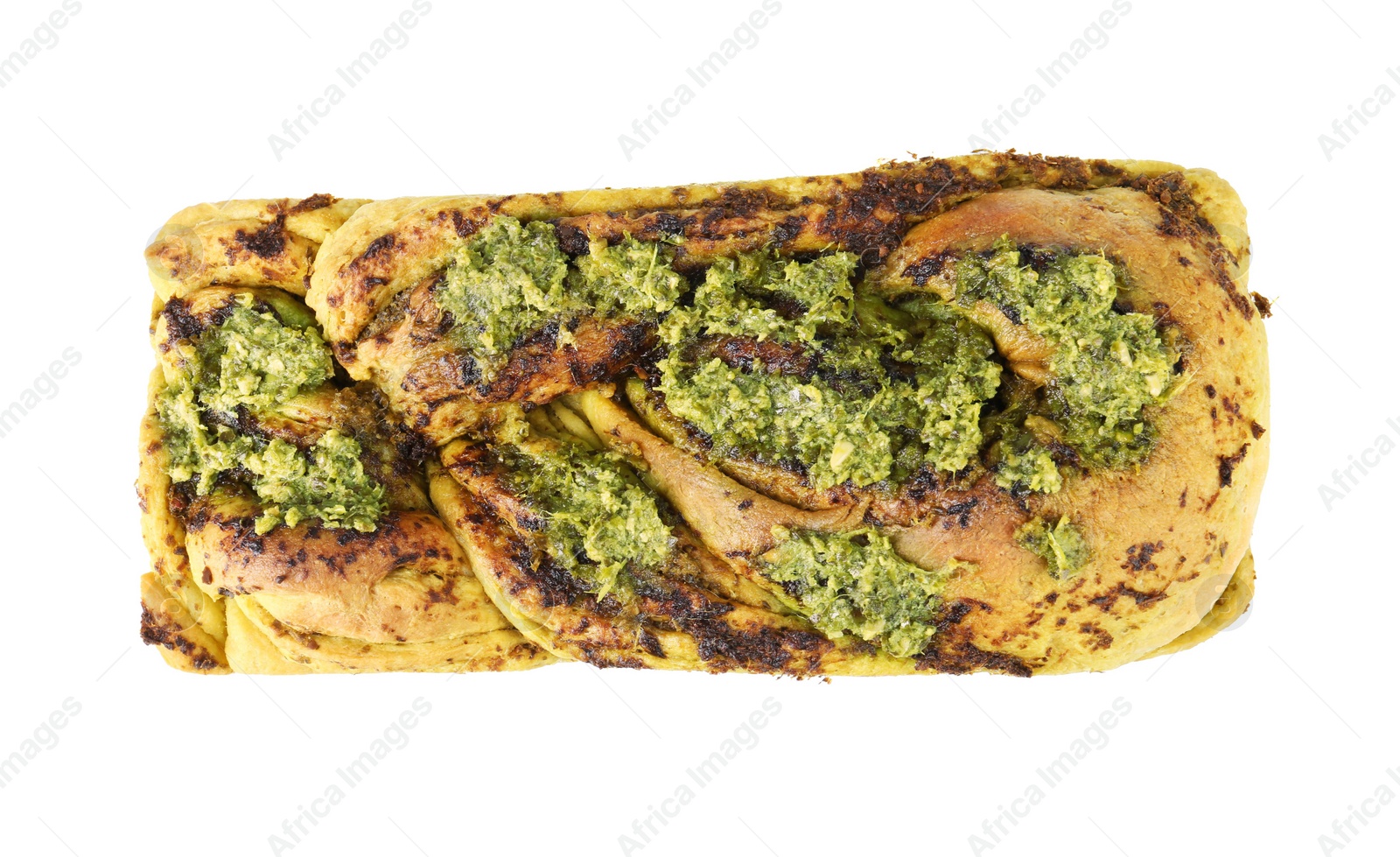 Photo of Freshly baked pesto bread isolated on white, top view