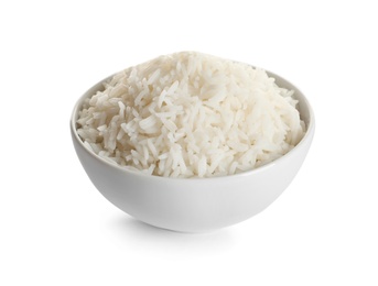 Photo of Bowl of tasty cooked rice on white background