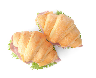 Photo of Tasty croissant sandwiches with ham isolated on white, top view