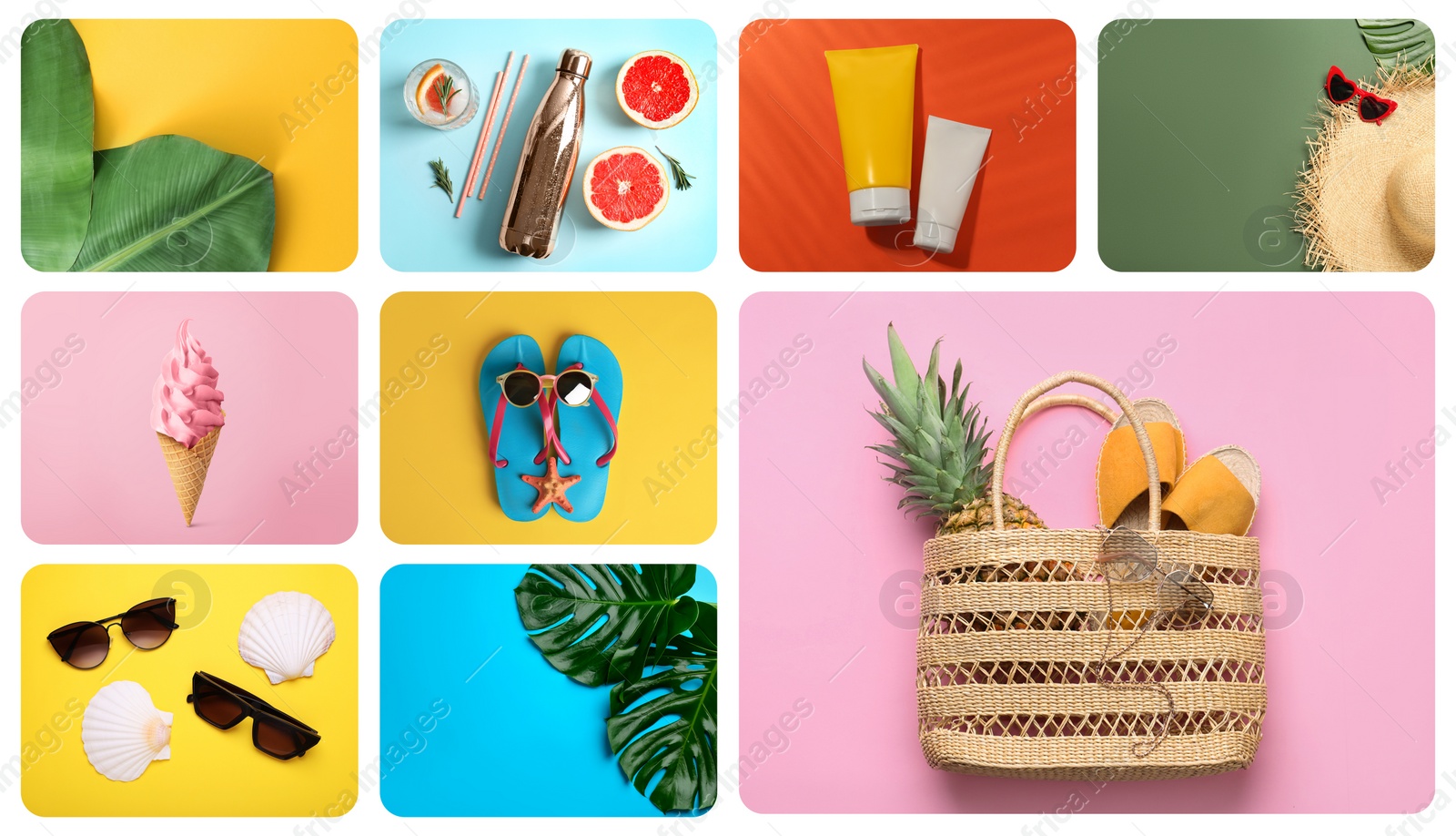 Image of Collage with ice cream, tropical leaves and beach accessories. Summertime, banner design