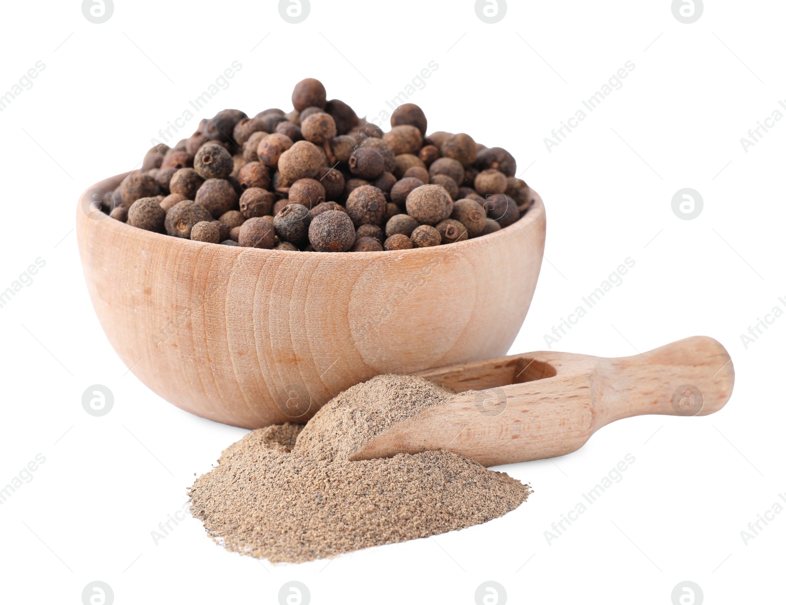 Photo of Spicy milled and whole black pepper isolated on white