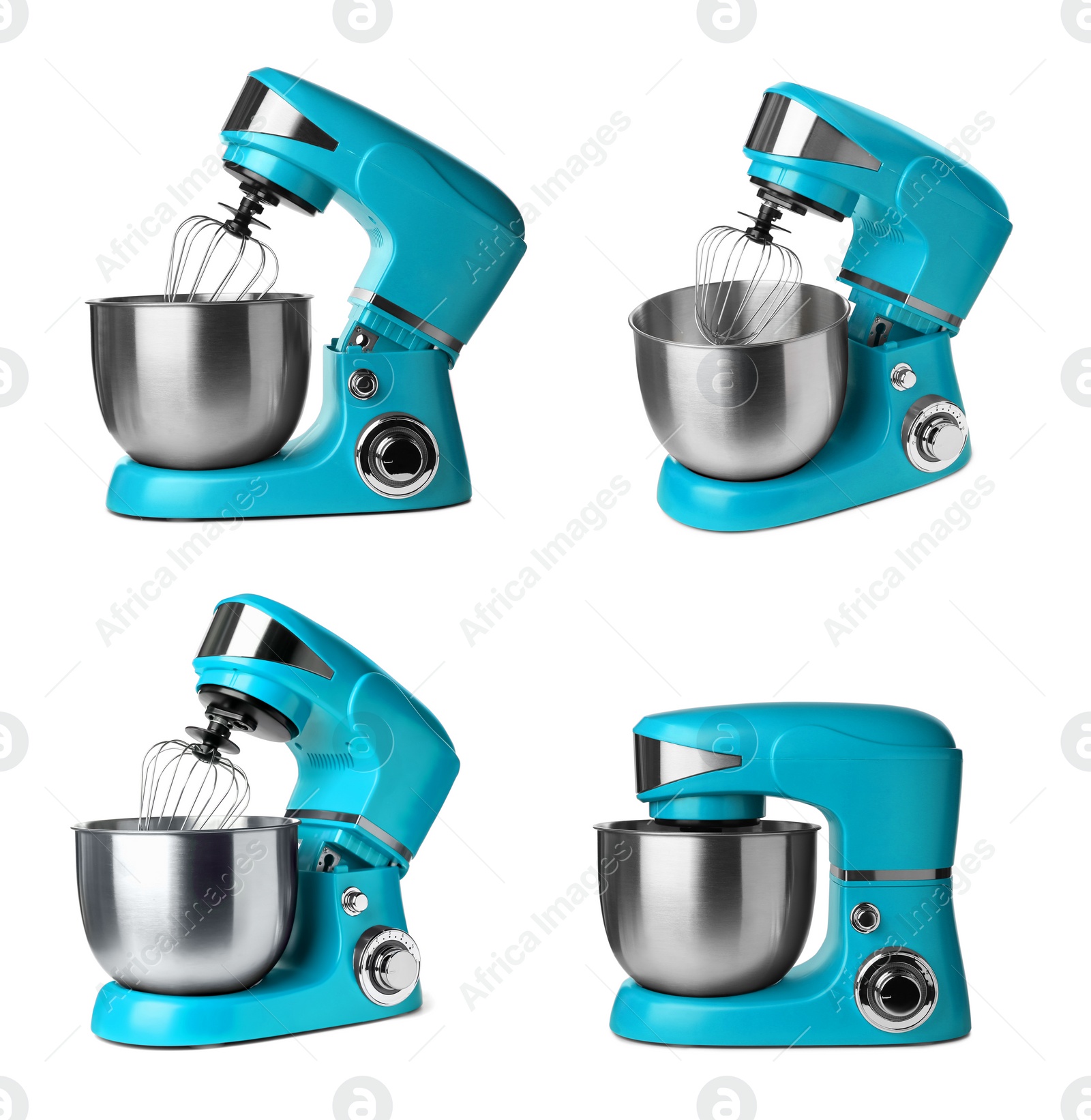 Image of Light blue stand mixers isolated on white, set