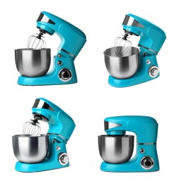 Light blue stand mixers isolated on white, set