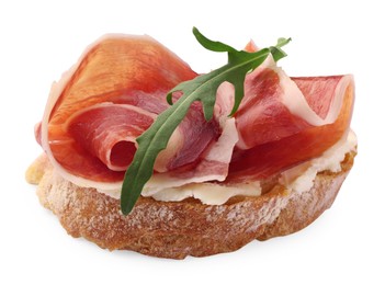 Tasty sandwich with cured ham and arugula isolated on white