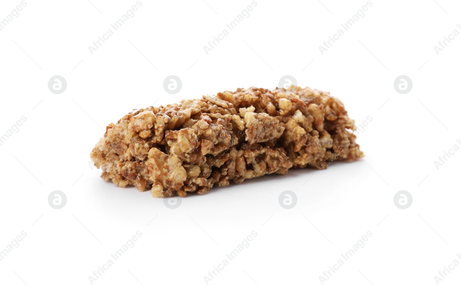 Photo of Tasty protein bar on white background. Healthy snack