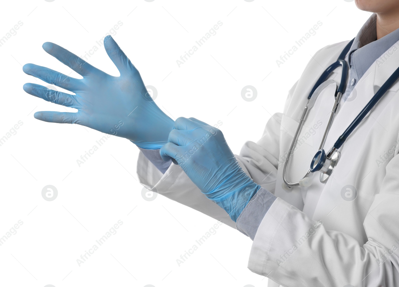 Photo of Doctor wearing light blue medical gloves on white background, closeup