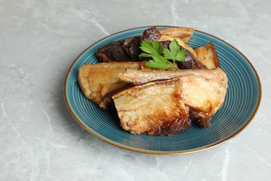 Photo of Tasty fried pork lard with parsley on light table