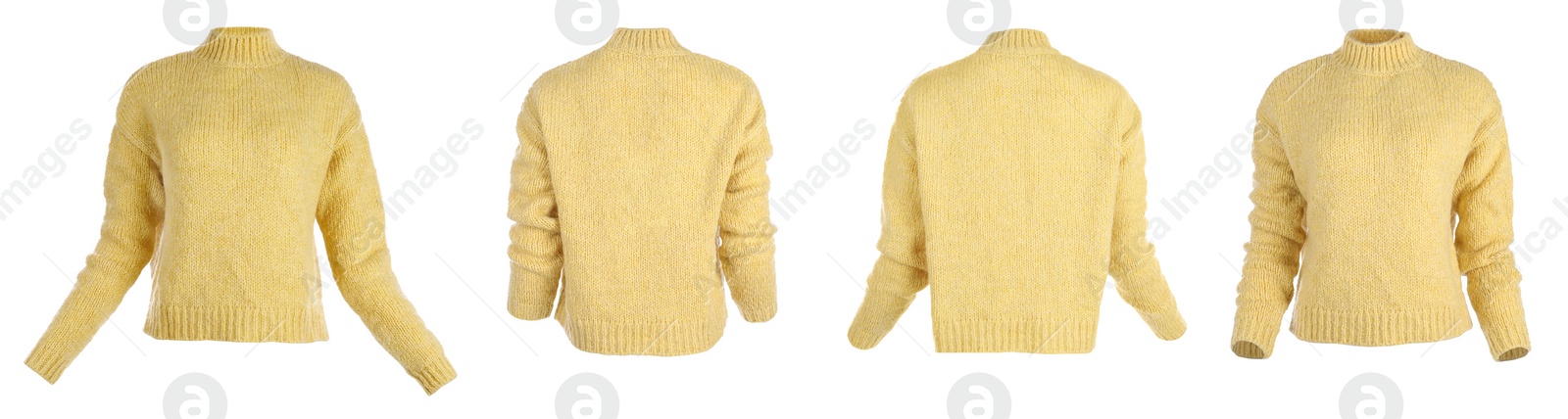 Image of Collage with stylish warm yellow sweater on white background