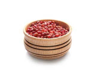 Photo of Bowl with red peppercorns on white background