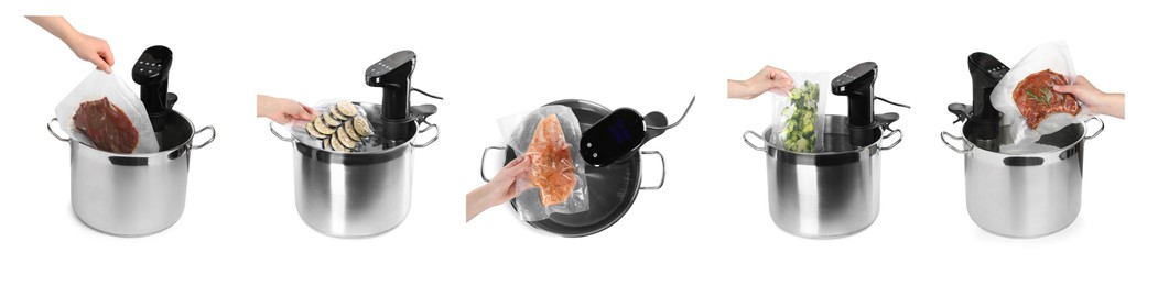 Image of Collage with photos of women putting vacuum packed products in pots with sous vide cookers isolated on white, closeup. Thermal immersion circulator