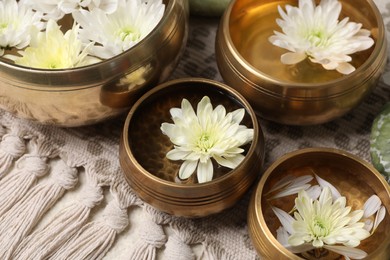 Photo of Tibetan singing bowls with water and beautiful chrysanthemum flowers on table, closeup