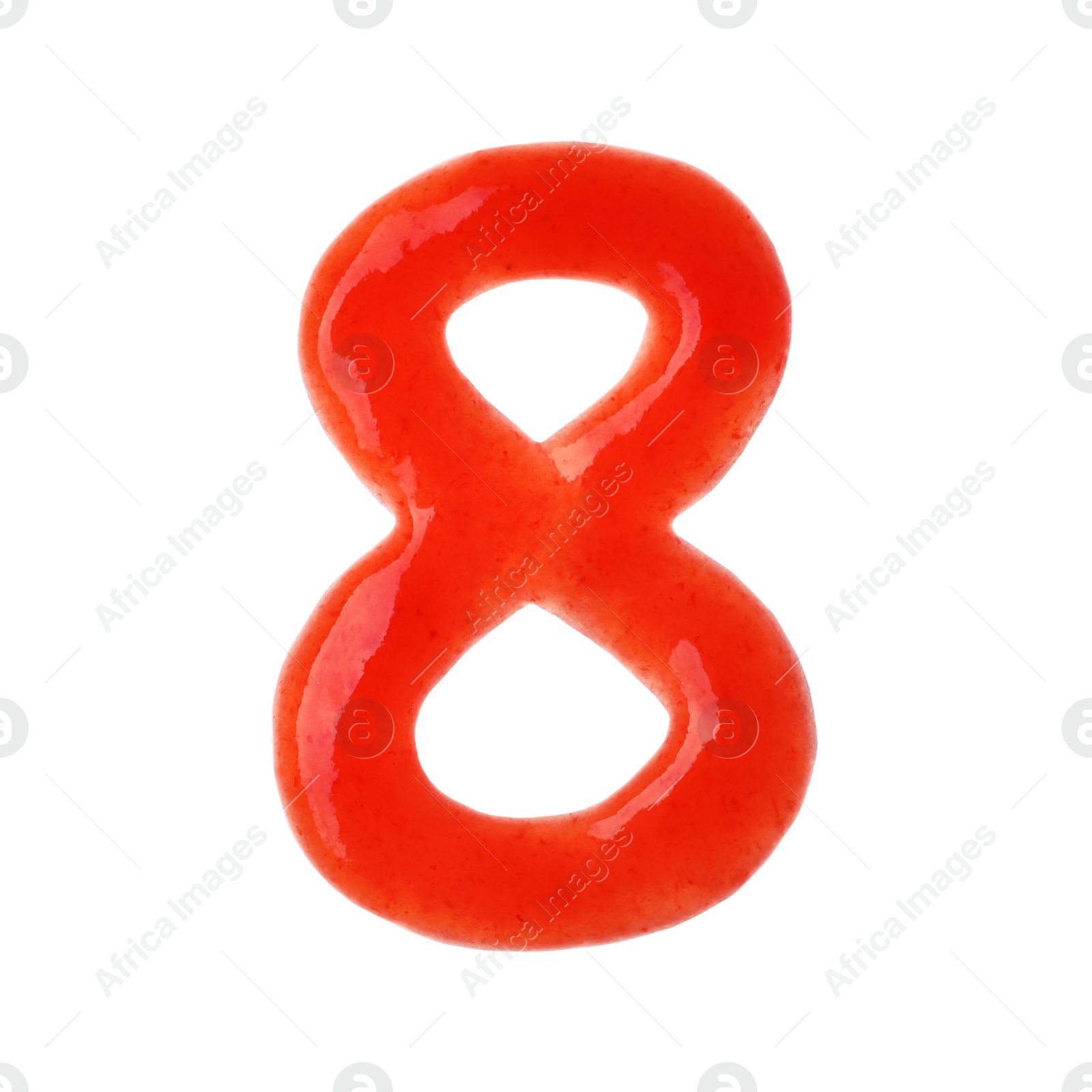 Photo of Number 8 written with red sauce on white background