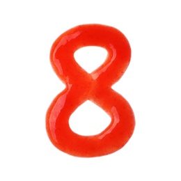 Number 8 written with red sauce on white background