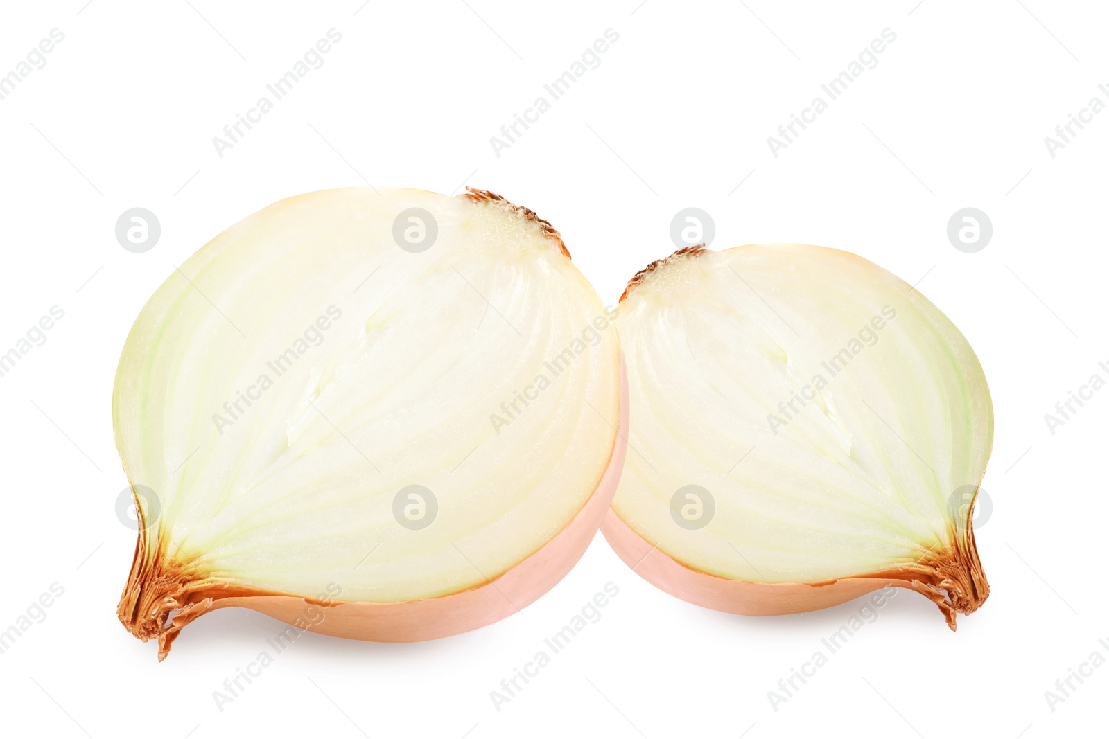 Image of Cut fresh onion halves isolated on white