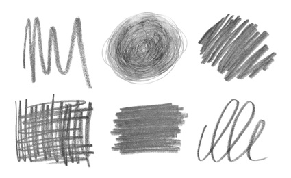 Image of Collage of drawn pencil scribbles on white background