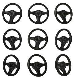 Image of Set with black steering wheels on white background 