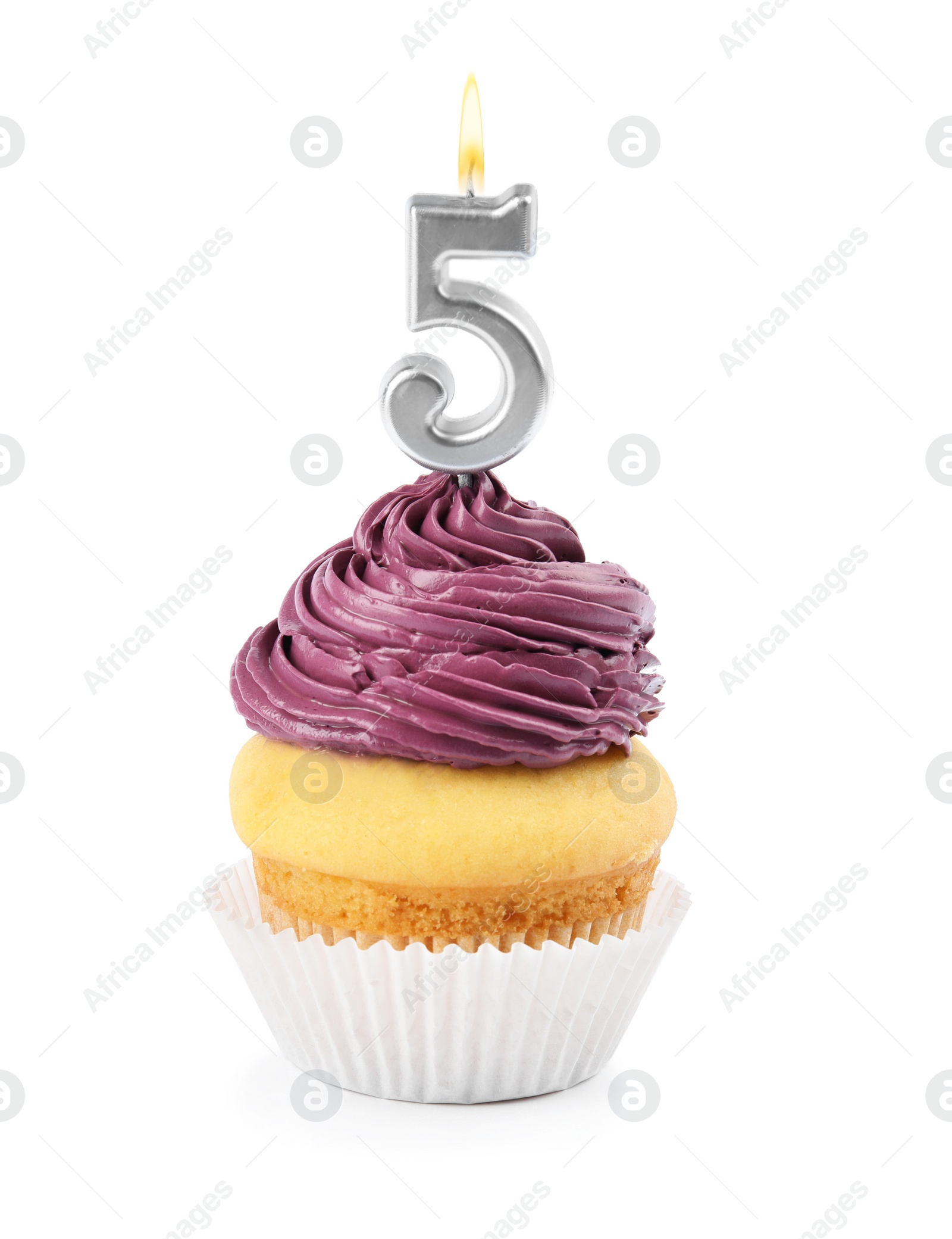 Photo of Birthday cupcake with number five candle on white background