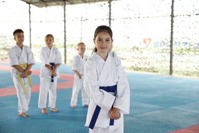 Photo of Girl in kimono during karate practice on tatami outdoors