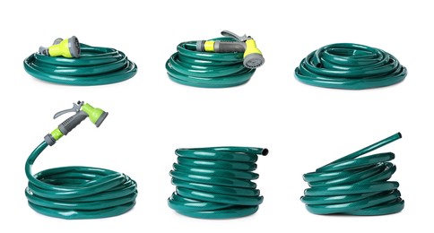 Set with green rubber watering hoses on white background
