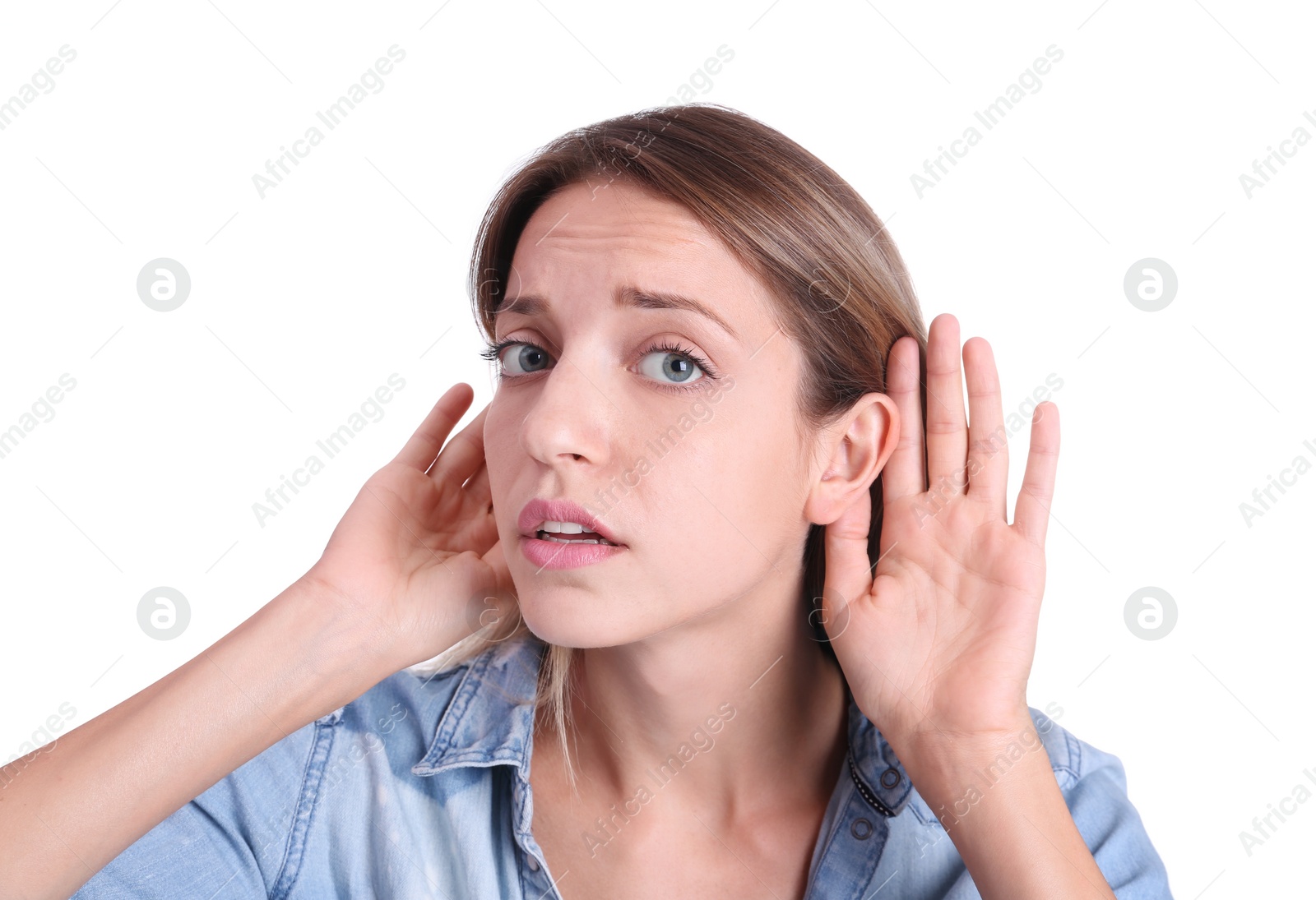 Photo of Young woman with hearing problem on white background