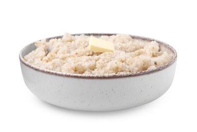 Delicious barley porridge with butter in bowl isolated on white