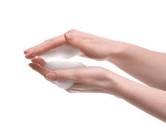 Woman with bath foam on white background, closeup