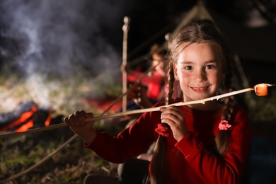 Photo of Adorable little girl with roasted marshmallow near bonfire at night. Summer camp
