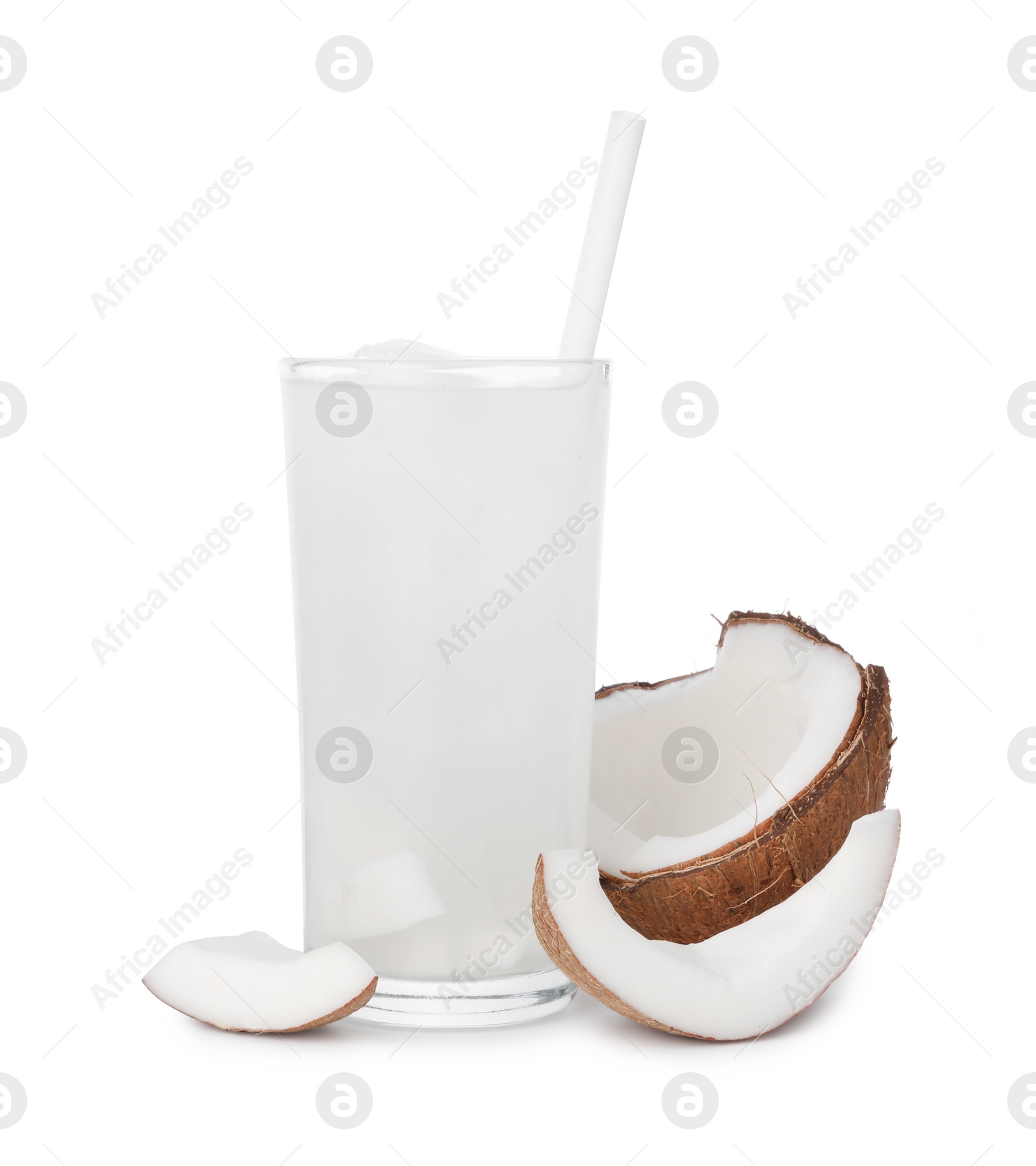 Photo of Glass of coconut water, ice cubes and nut isolated on white