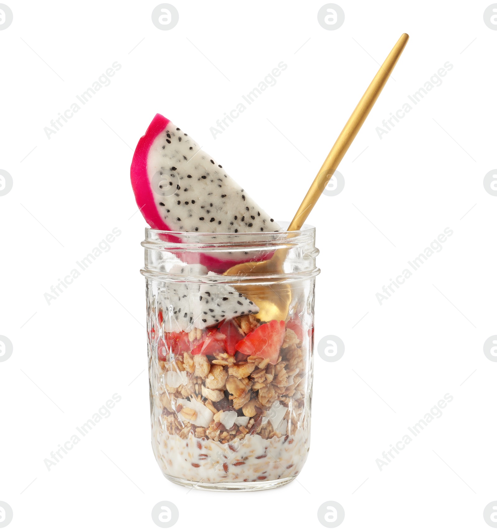 Photo of Granola with pitahaya, strawberries and spoon in glass jar on white background