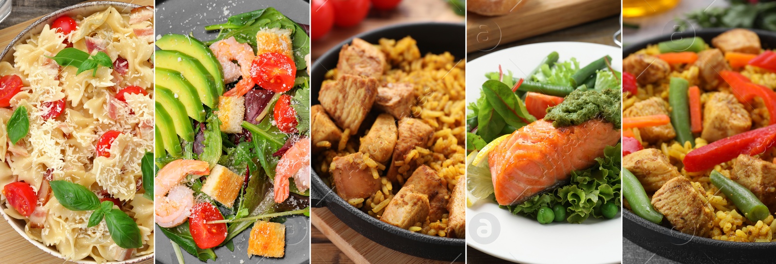 Image of Assortment of tasty dishes. Collage with different meals, closeup