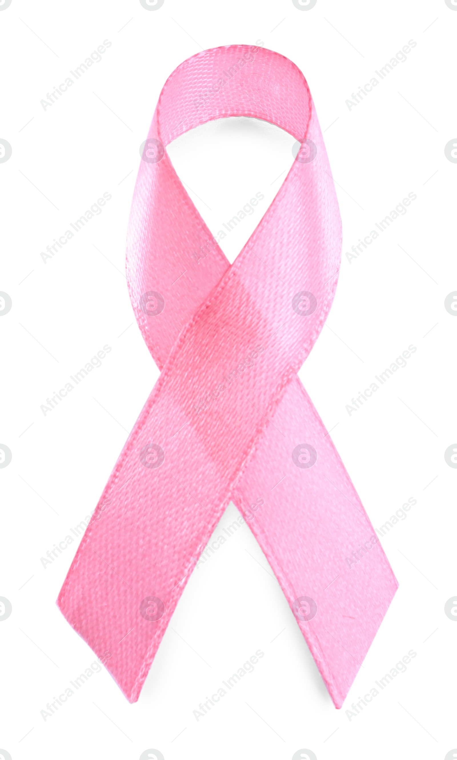 Photo of Pink ribbon isolated on white, top view. World Cancer Day