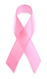 Photo of Pink ribbon isolated on white, top view. World Cancer Day