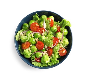 Bowl of salad with Brussels sprouts on white background, top view