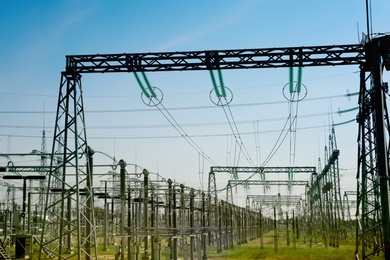 Modern electrical substation outdoors on sunny day