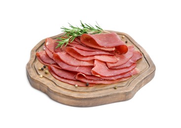 Photo of Slices of tasty bresaola, peppercorns and rosemary isolated on white