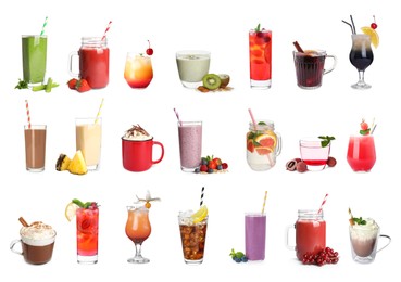 Image of Set with different delicious beverages on white background