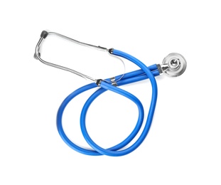 Photo of Stethoscope on white background, top view. Medical object