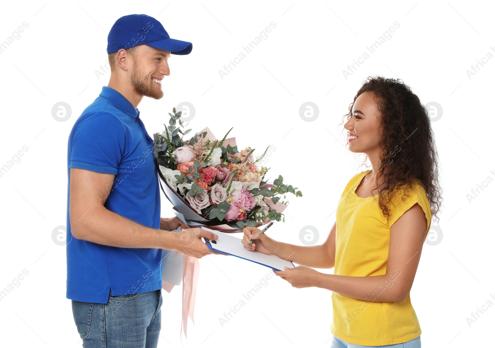 Photo of African-American woman receiving flower bouquet from delivery man isolated on white