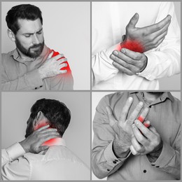 Men suffering from rheumatism, black and white effect with red accent. Collage of photos