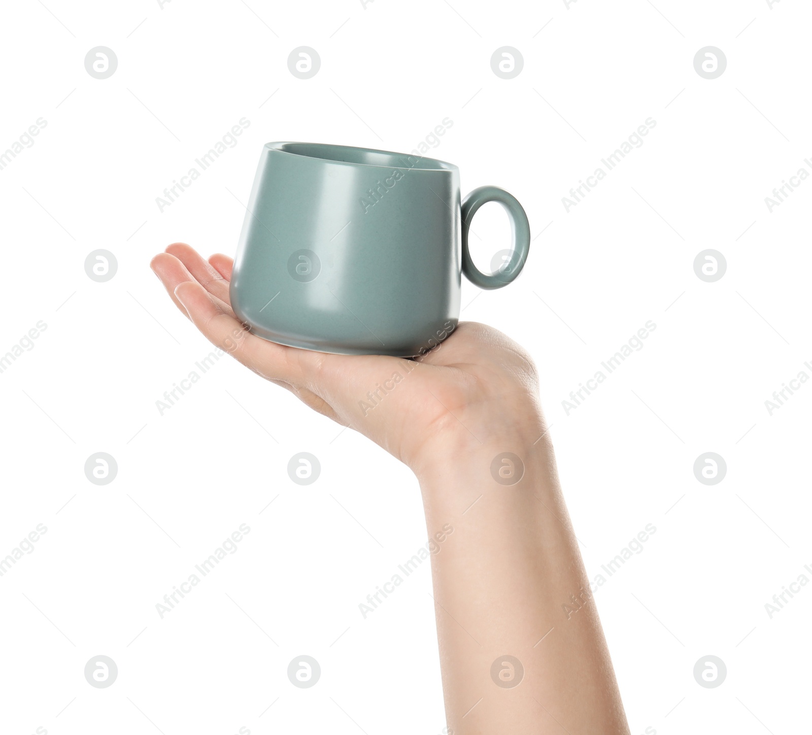 Photo of Woman holding cup on white background, closeup