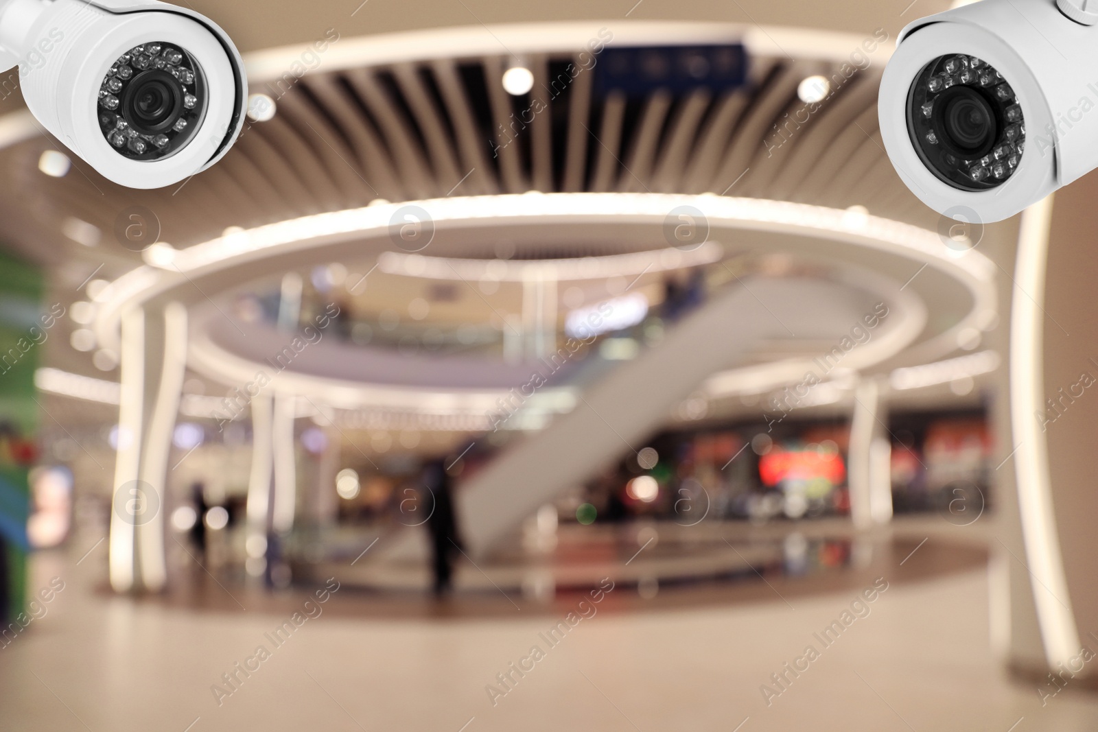 Image of Modern CCTV security camera in shopping mall. Guard equipment