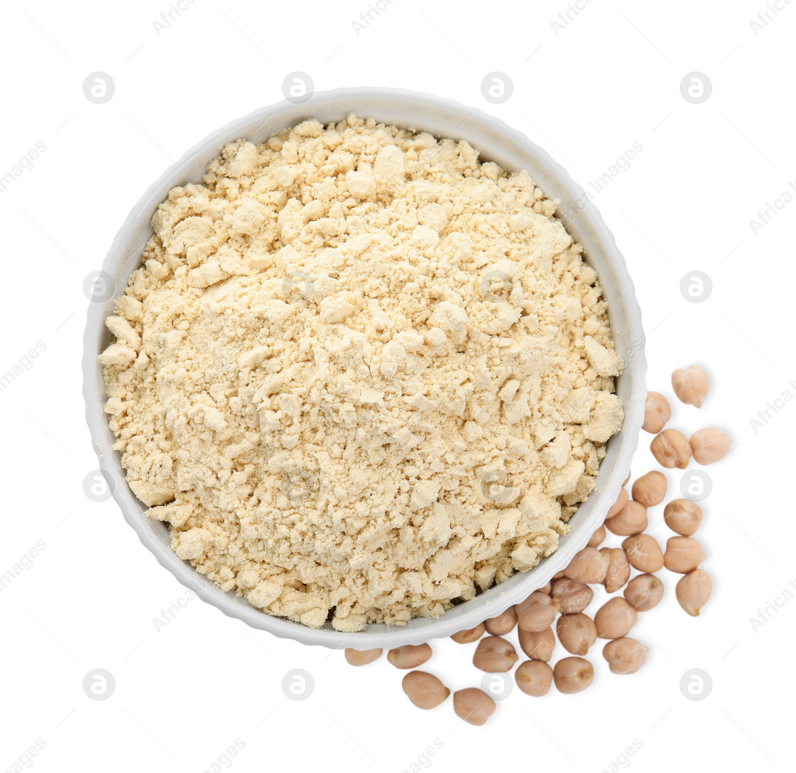 Photo of Chickpea flour in bowl and seeds isolated on white, top view