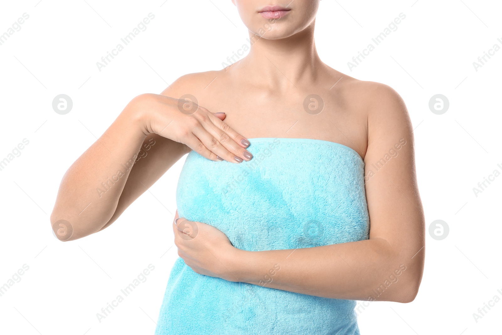 Photo of Woman checking her breast on white background, closeup