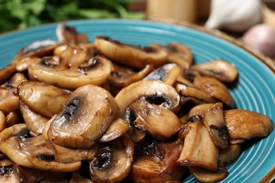 Plate of tasty fried mushrooms, closeup view