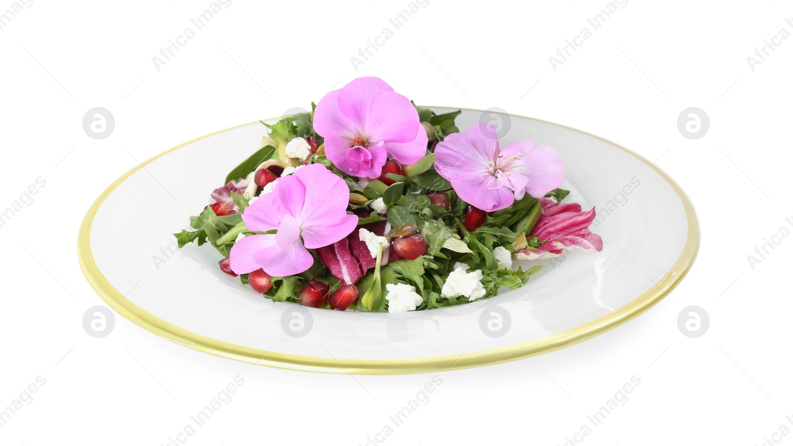 Photo of Fresh spring salad with flowers isolated on white