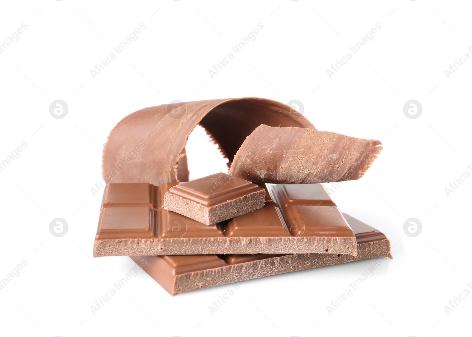 Photo of Chocolate curl and pieces isolated on white