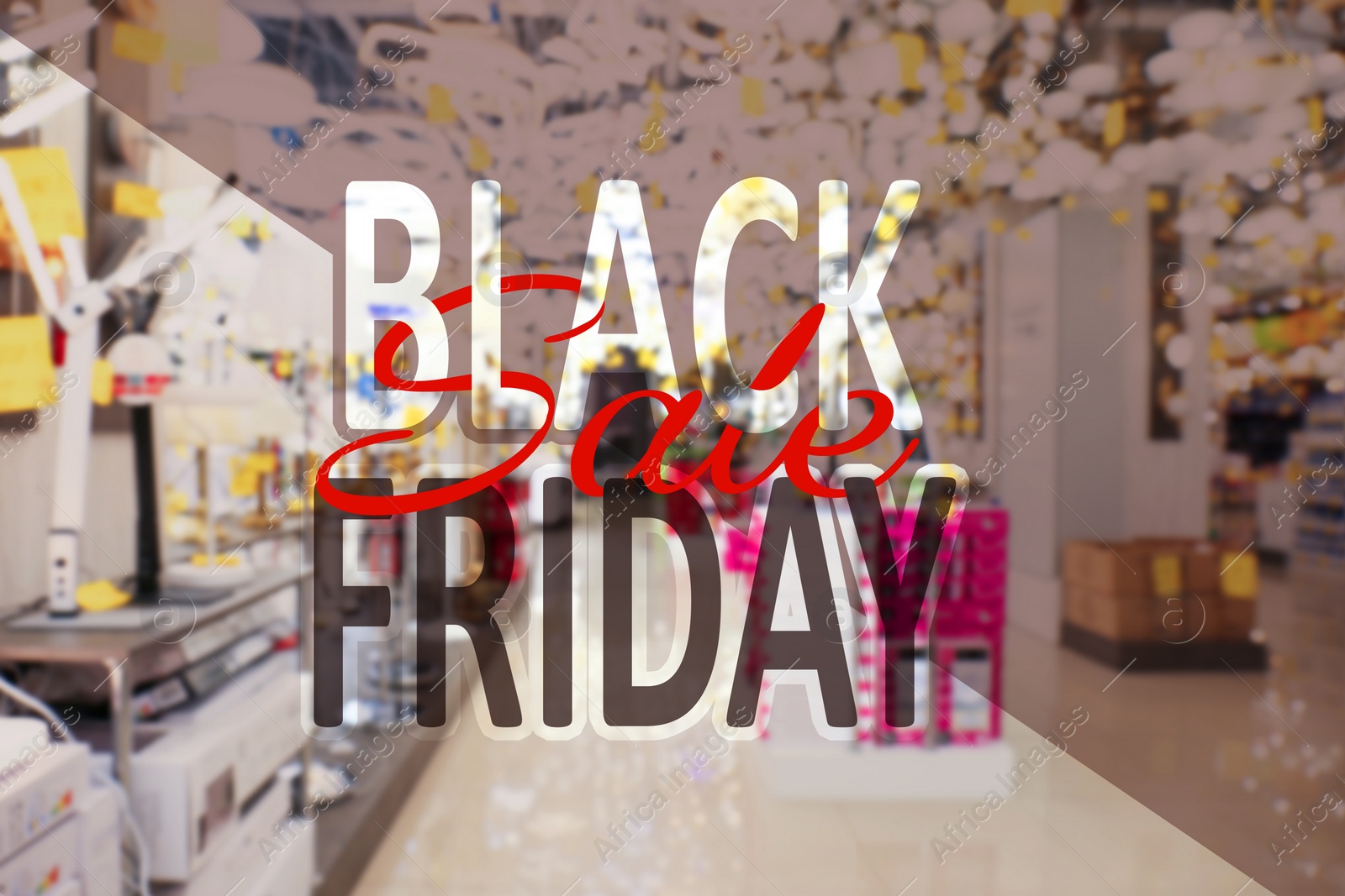 Image of Blurred view of lighting store in shopping mall. Black Friday Sale