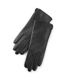 Photo of Stylish black leather gloves on white background, top view