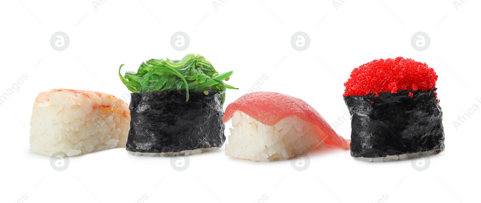 Photo of Set of delicious sushi isolated on white