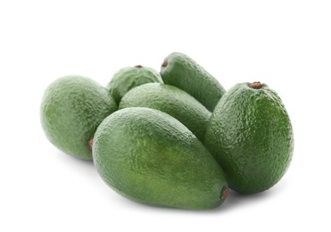 Photo of Ripe avocados on white background. Tropical fruit